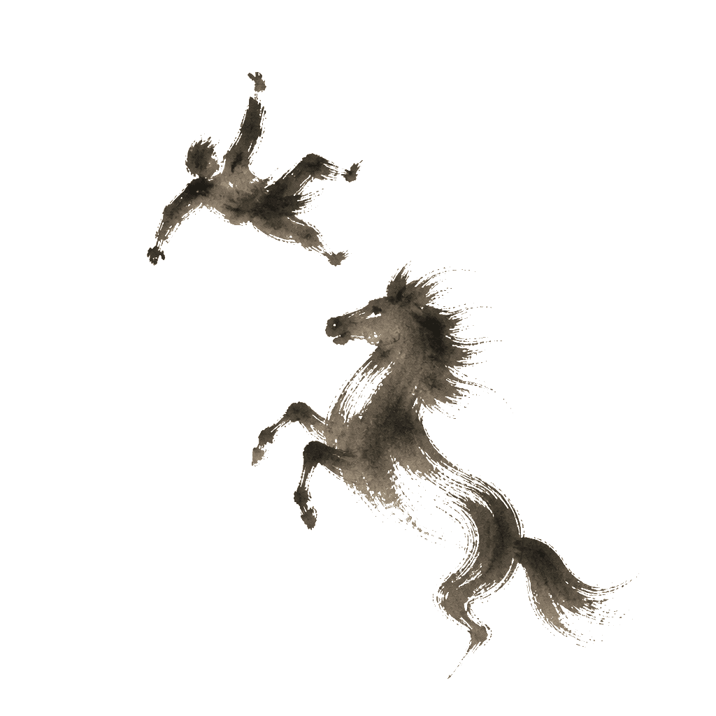 Sumi-e ink brushwork of a figure mid-fall from a rearing horse