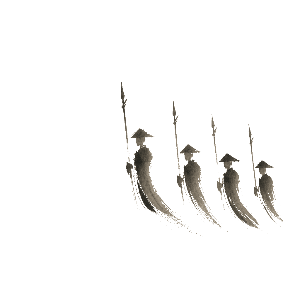 Sumi-e ink brushwork of a column of military officials with conical hats and tall spears
